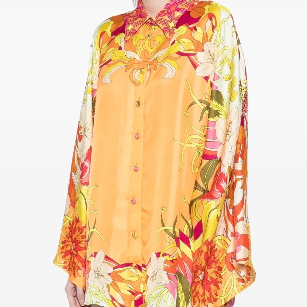 Camilla Silk Vibrant Floral Button-Up Blouse size XL/XXL “Small Flaw”